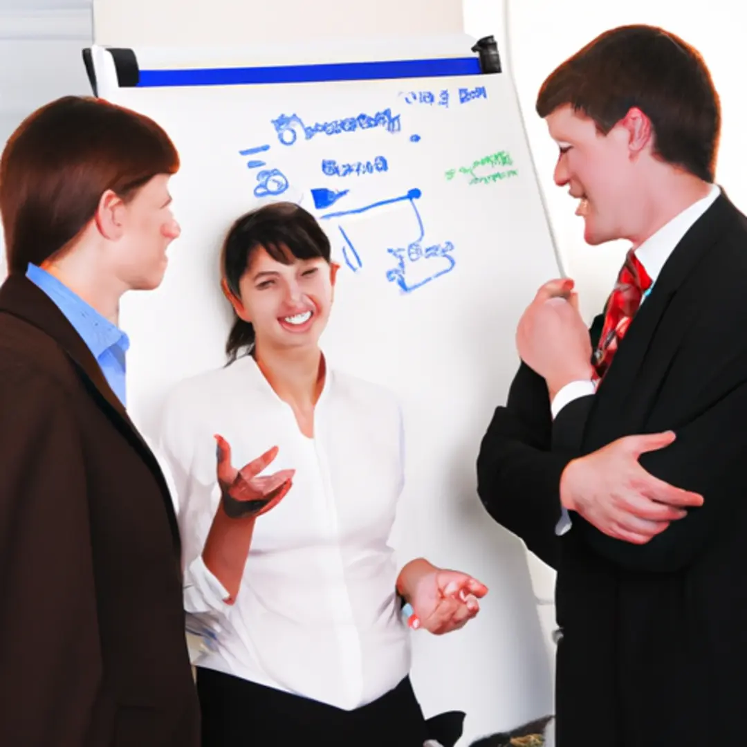 Business professionals discussing the Balanced Scorecard on a whiteboard.