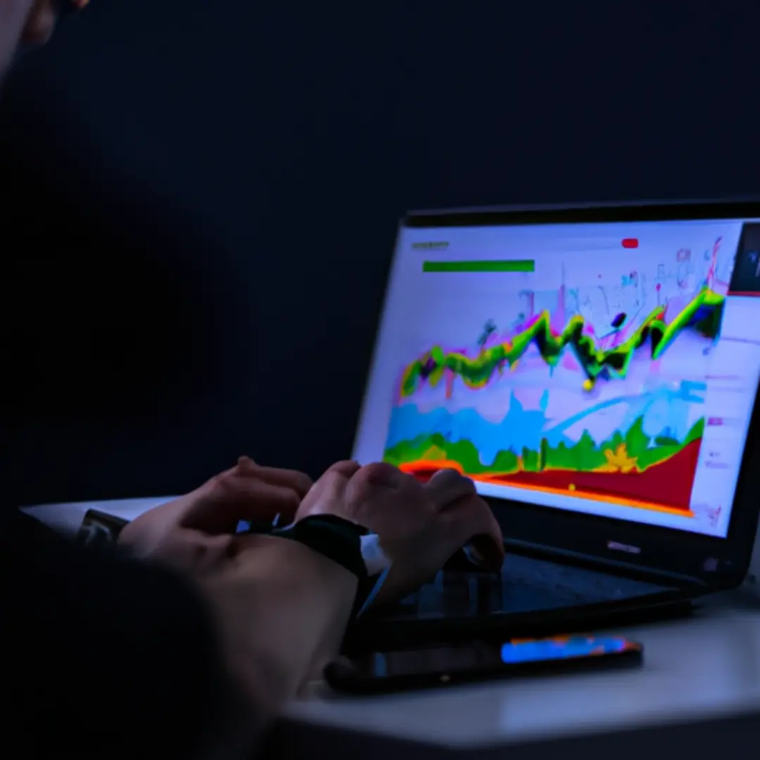 A freelancer typing on a laptop with a productivity graph on the screen.