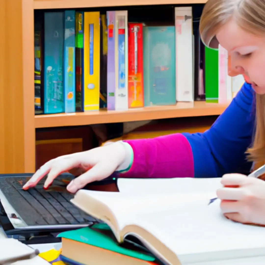 A student carefully writing on a paper, surrounded by books and a laptop with a plagiarism check software open.