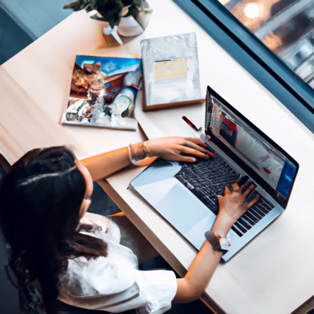 A person using a laptop and graphic design tools to create a colorful and engaging social media post.