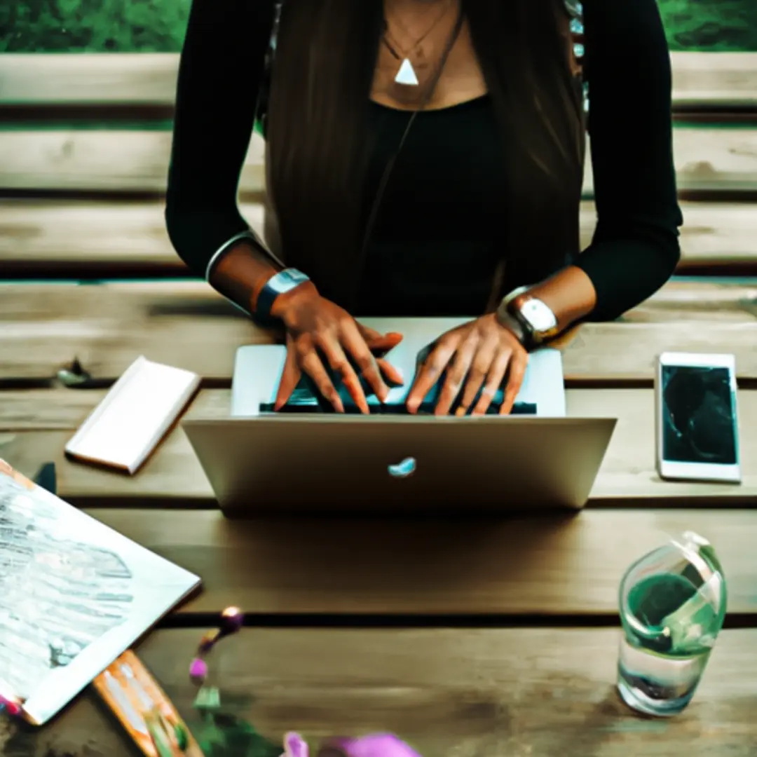 A person using a laptop and graphic design tools to craft a creative social media post.