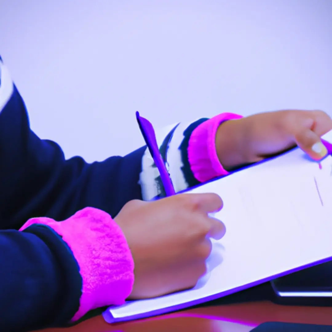 A person using a laptop and taking notes, planning engaging content for social media.