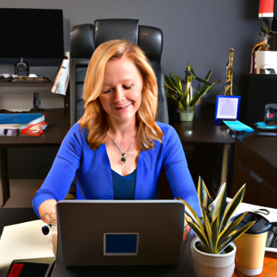 Small business owner writing a blog post on a laptop in a cozy office.