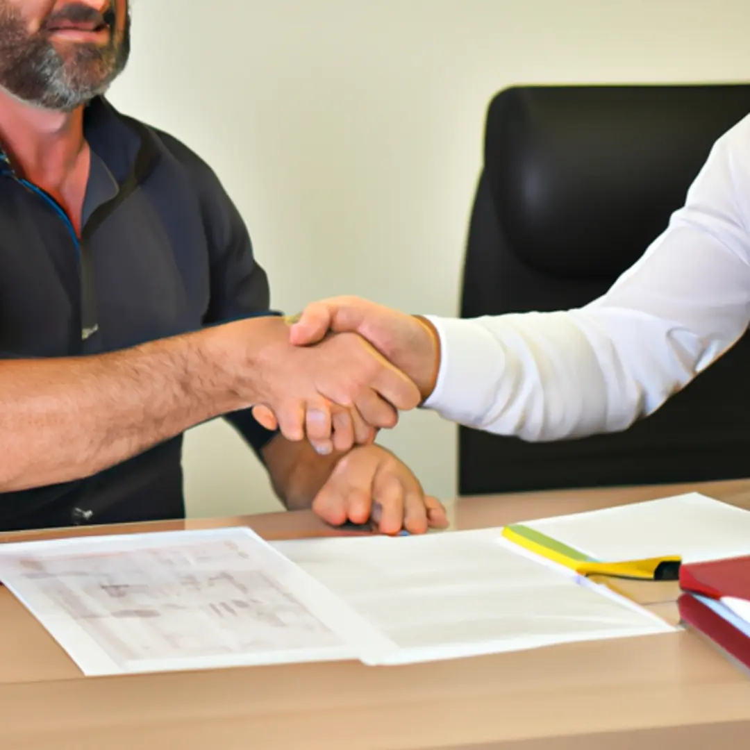 Two business professionals shaking hands with a signed contract on the table.