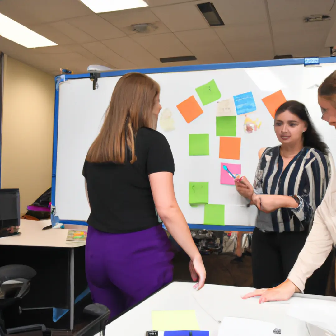 A team of professionals brainstorming on a flowchart for business process improvement.