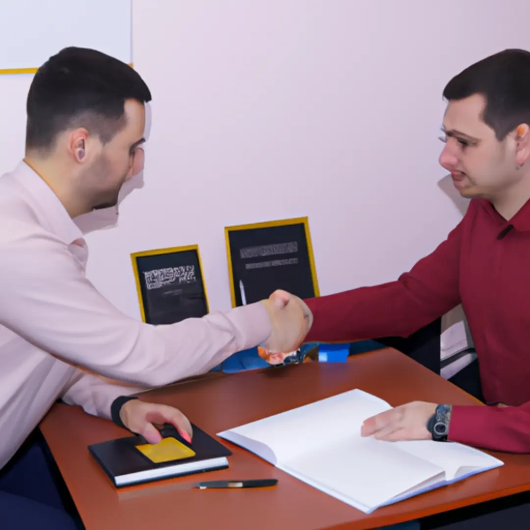 Two business professionals shaking hands with a signed contract on the table.