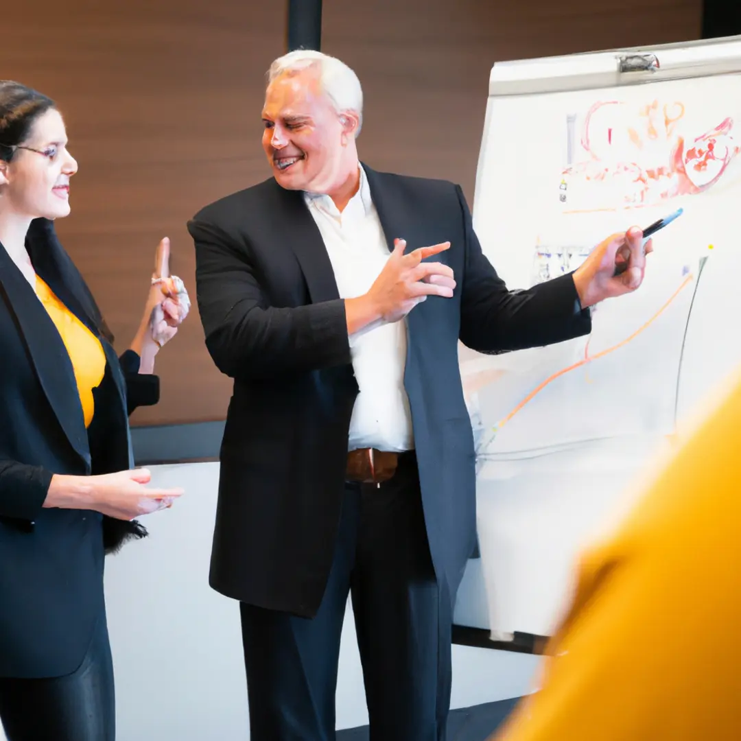 Business professionals discussing the Balanced Scorecard on a whiteboard.