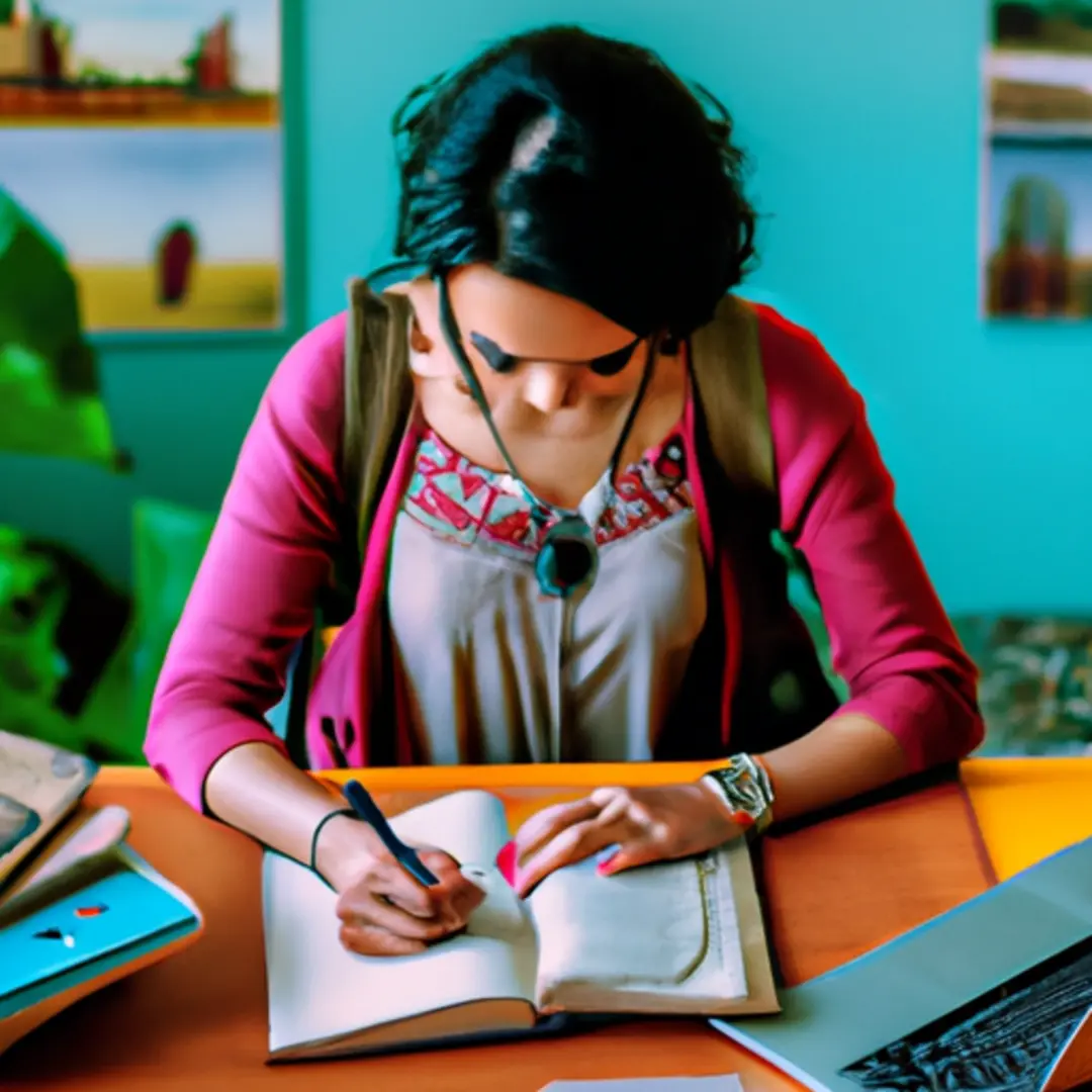 Image of a student writing an original essay with a book and laptop, symbolizing the avoidance of plagiarism.