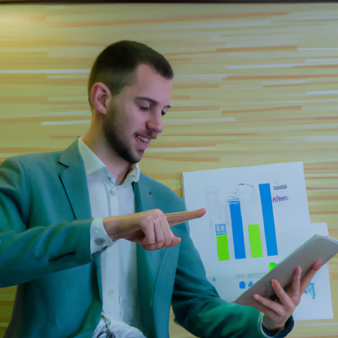 Image of a businessman analyzing financial charts and graphs on a digital tablet.