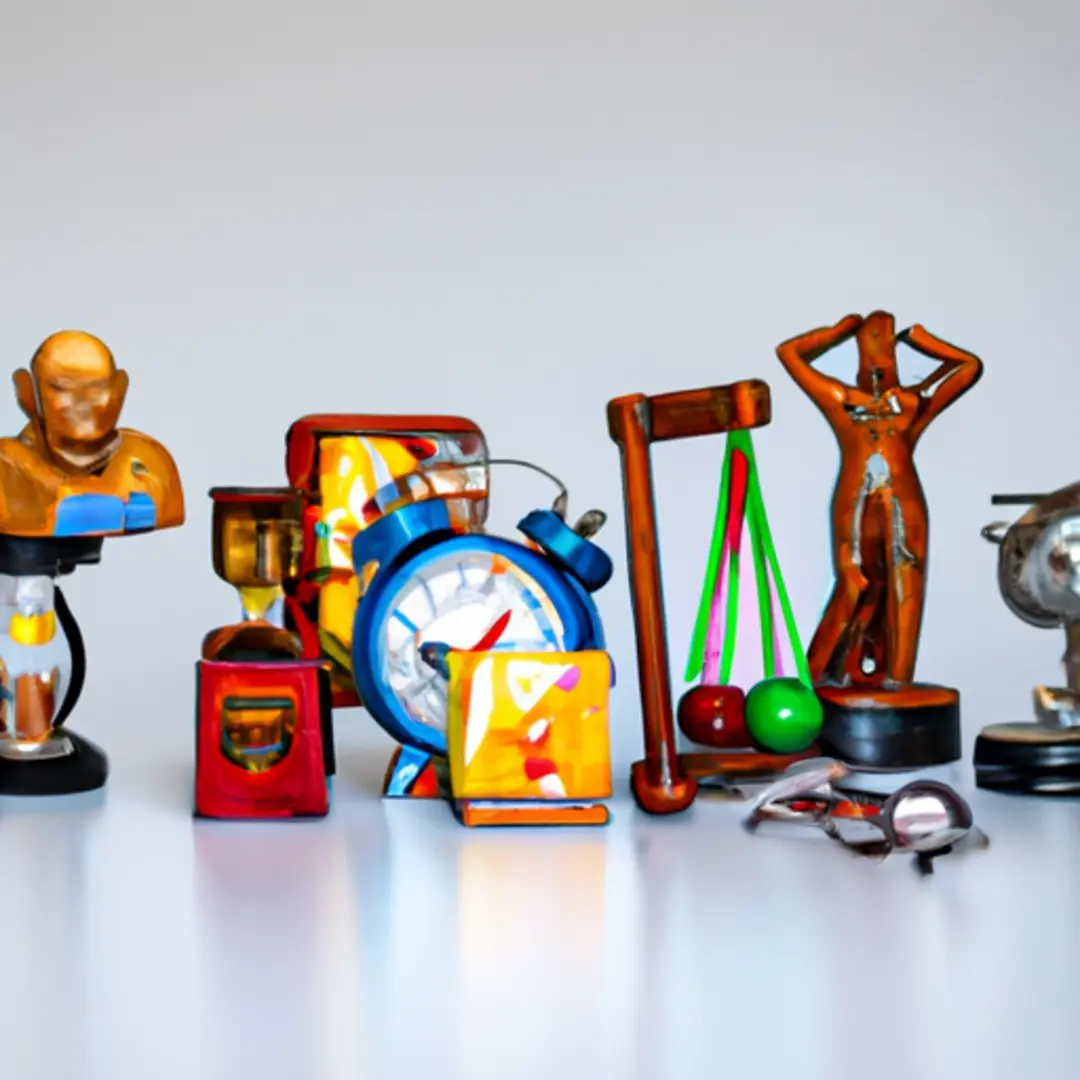 Four different symbolic objects representing various leadership styles on a desk.