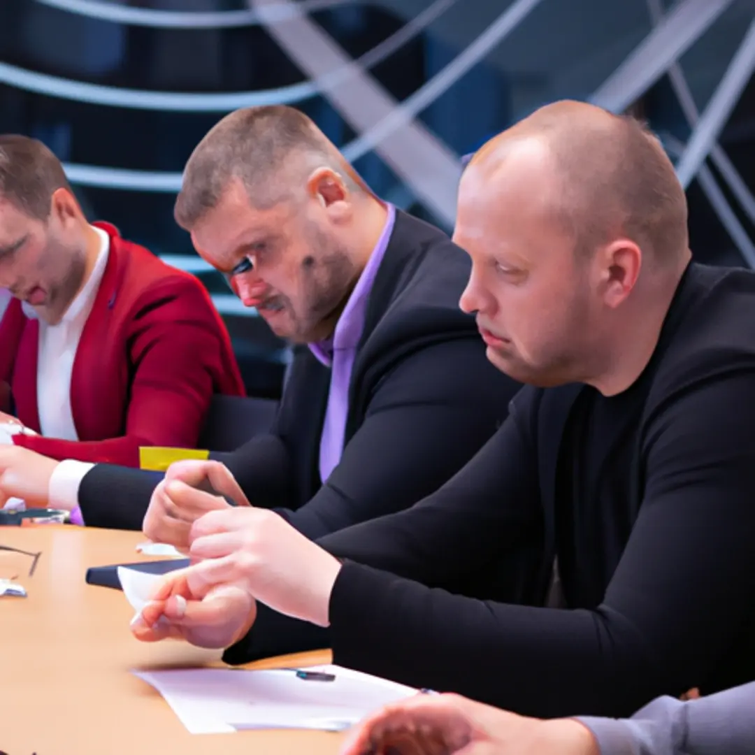 Group of EU representatives discussing AI regulations in a conference room.