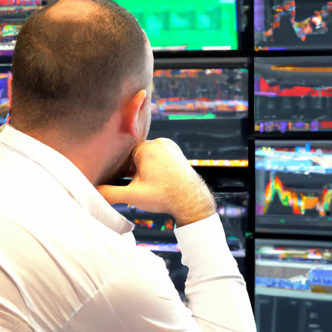 A trader analyzing multiple stock market charts on computer screens.