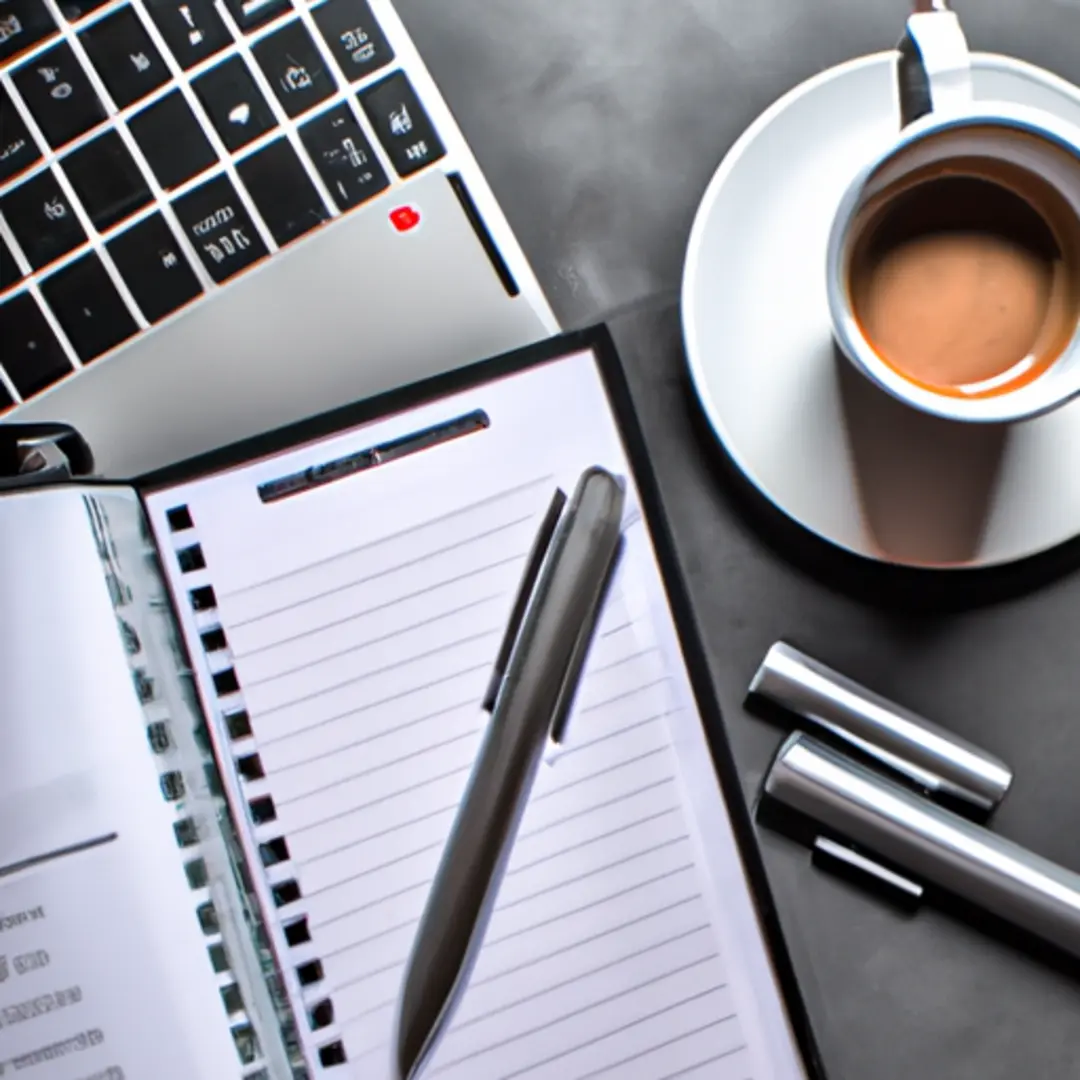 A flat lay of a laptop, coffee cup, notepad and pen, symbolizing the essential tools for writing high quality blog articles.