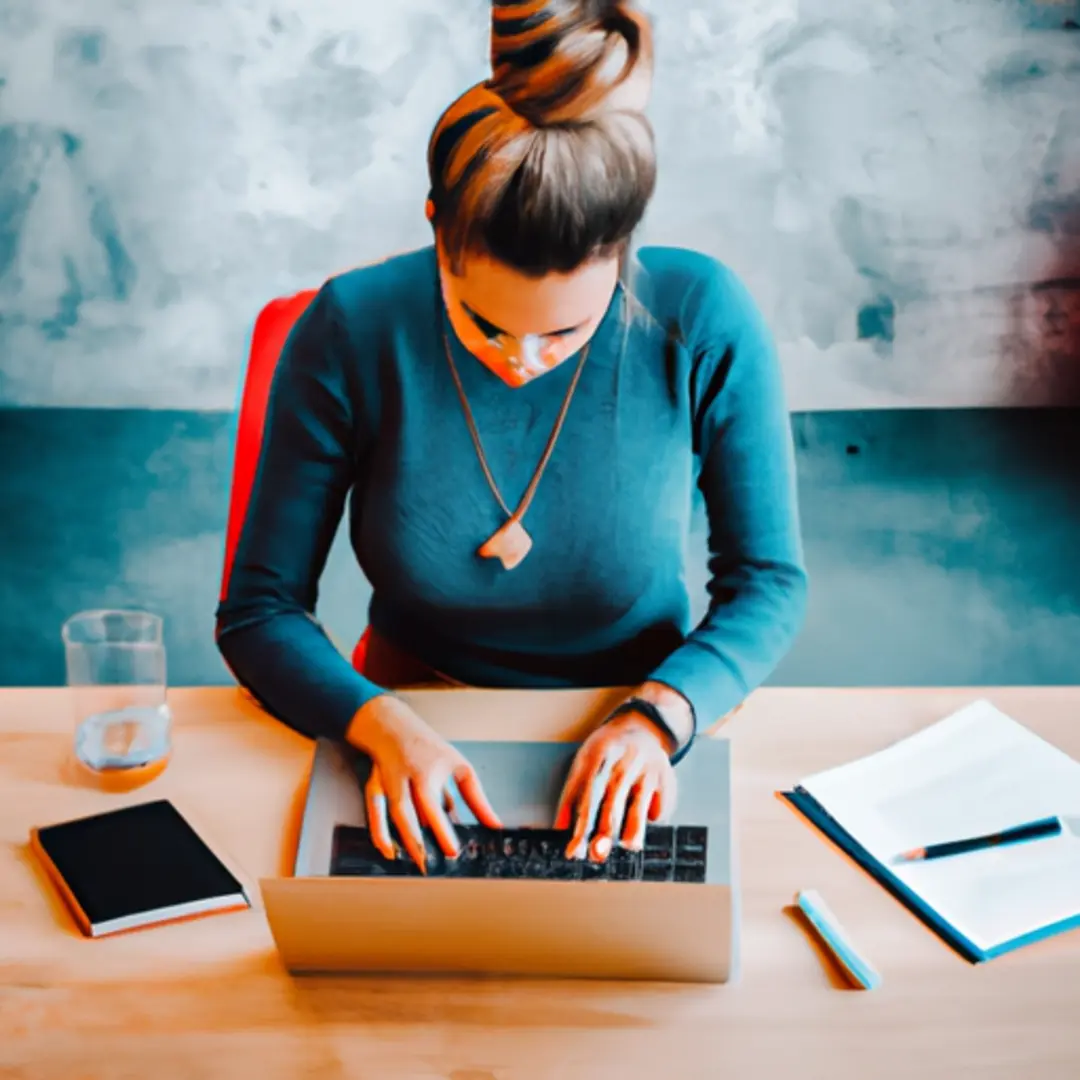 A woman sitting at a desk with a laptop and notes, brainstorming ideas for social media posts.