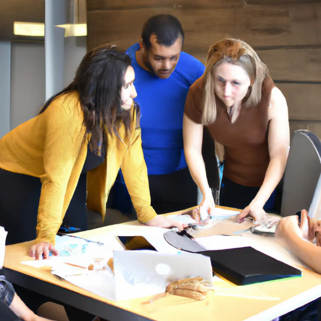 A team of professionals brainstorming over a flowchart for business process improvement.