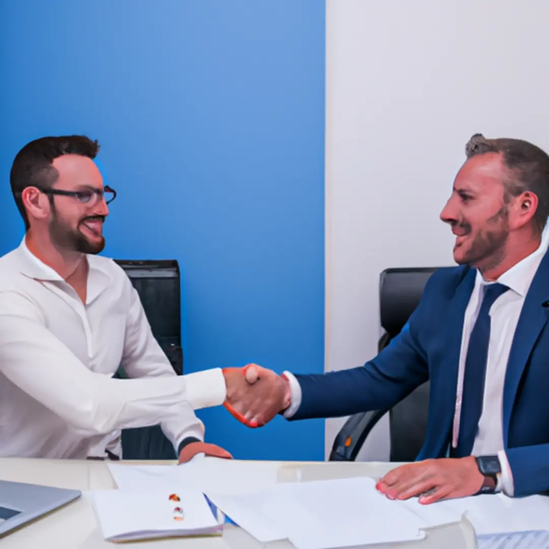 Two business professionals shaking hands with a partnership agreement on the table.