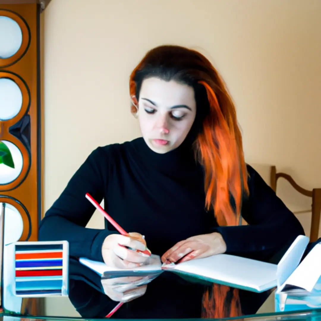 Image of a student writing an original essay using various reference books.