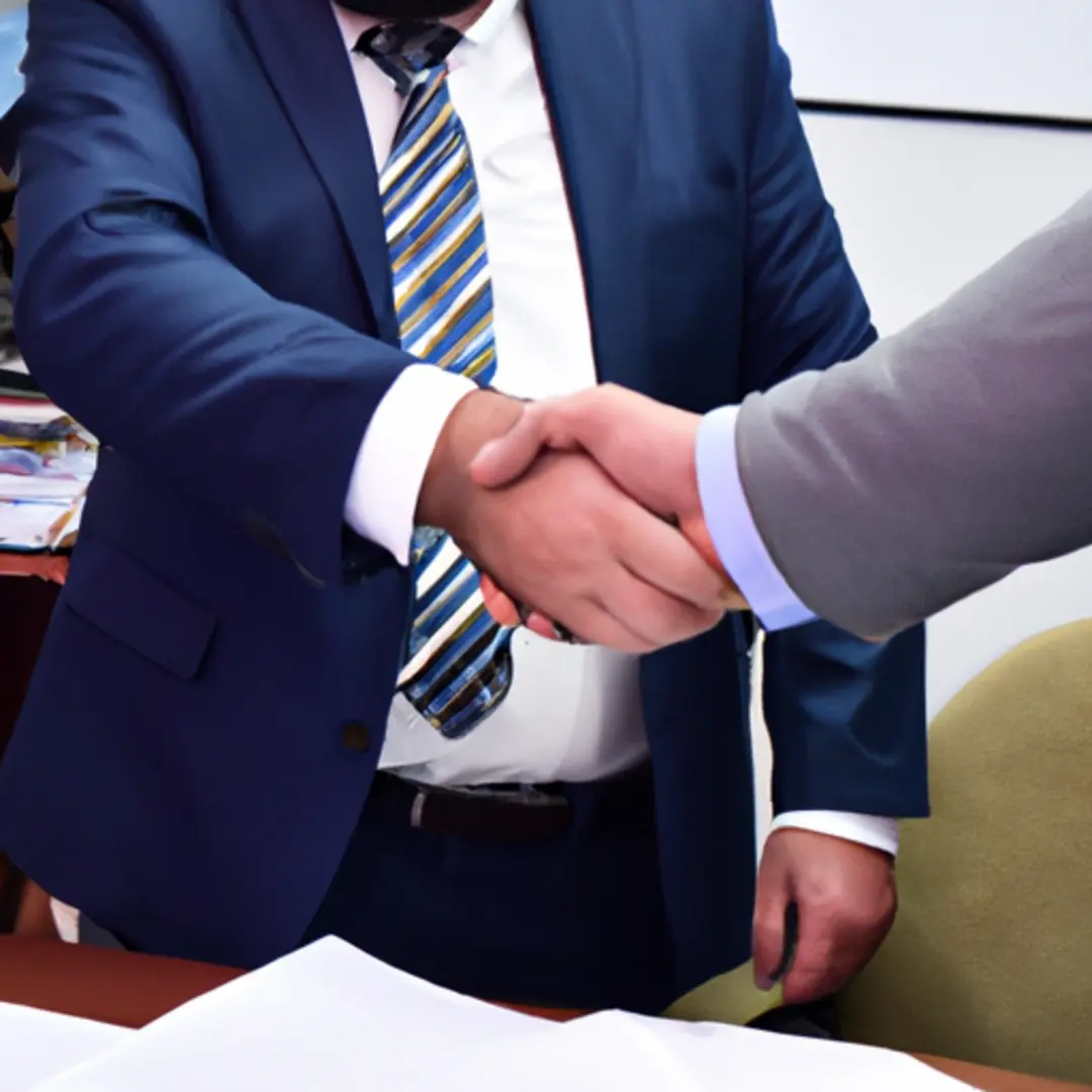 Two professionals shaking hands with a joint venture agreement on the table.