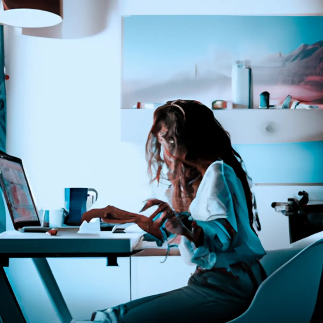 A person sitting at a desk with a computer, creating real estate social media posts.