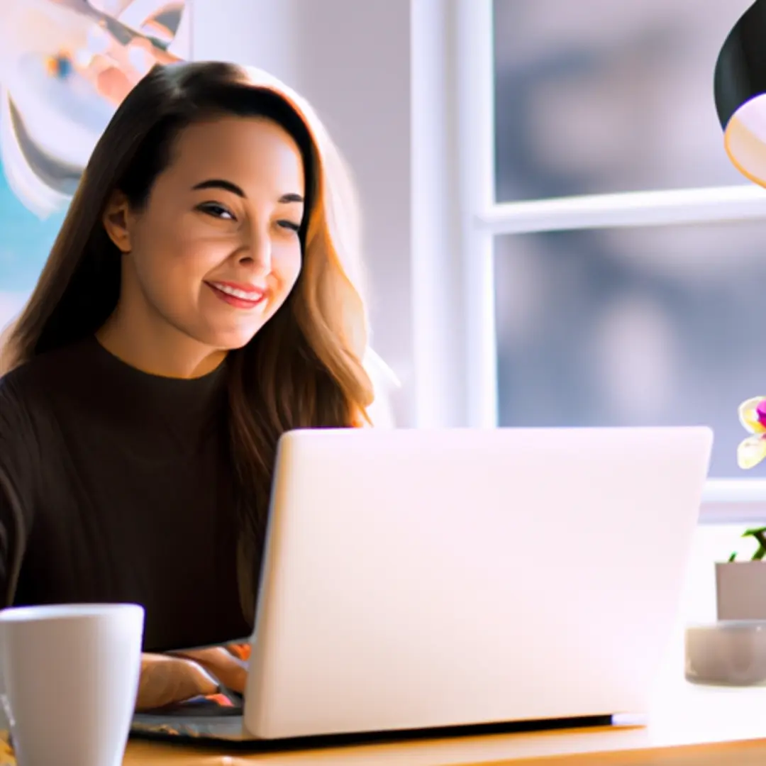 Image of a woman sitting at a desk with a laptop open to a social media platform, surrounded by papers with marketing strategies.