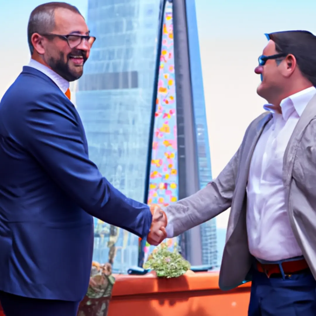 Two business professionals shaking hands with a successful partnership agreement on the background.