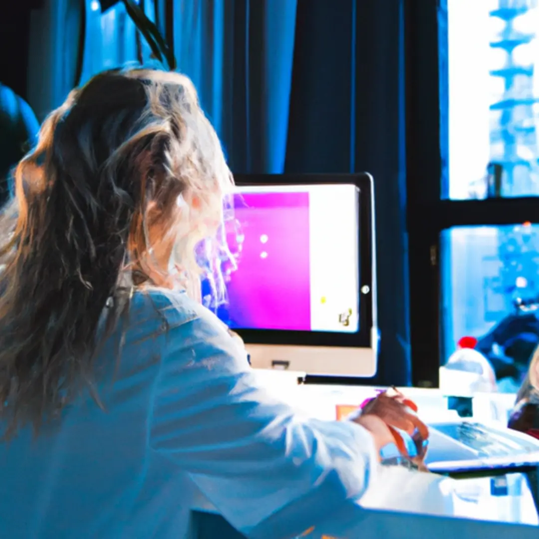 A woman sitting at her desk, creating a colorful social media post on her computer.