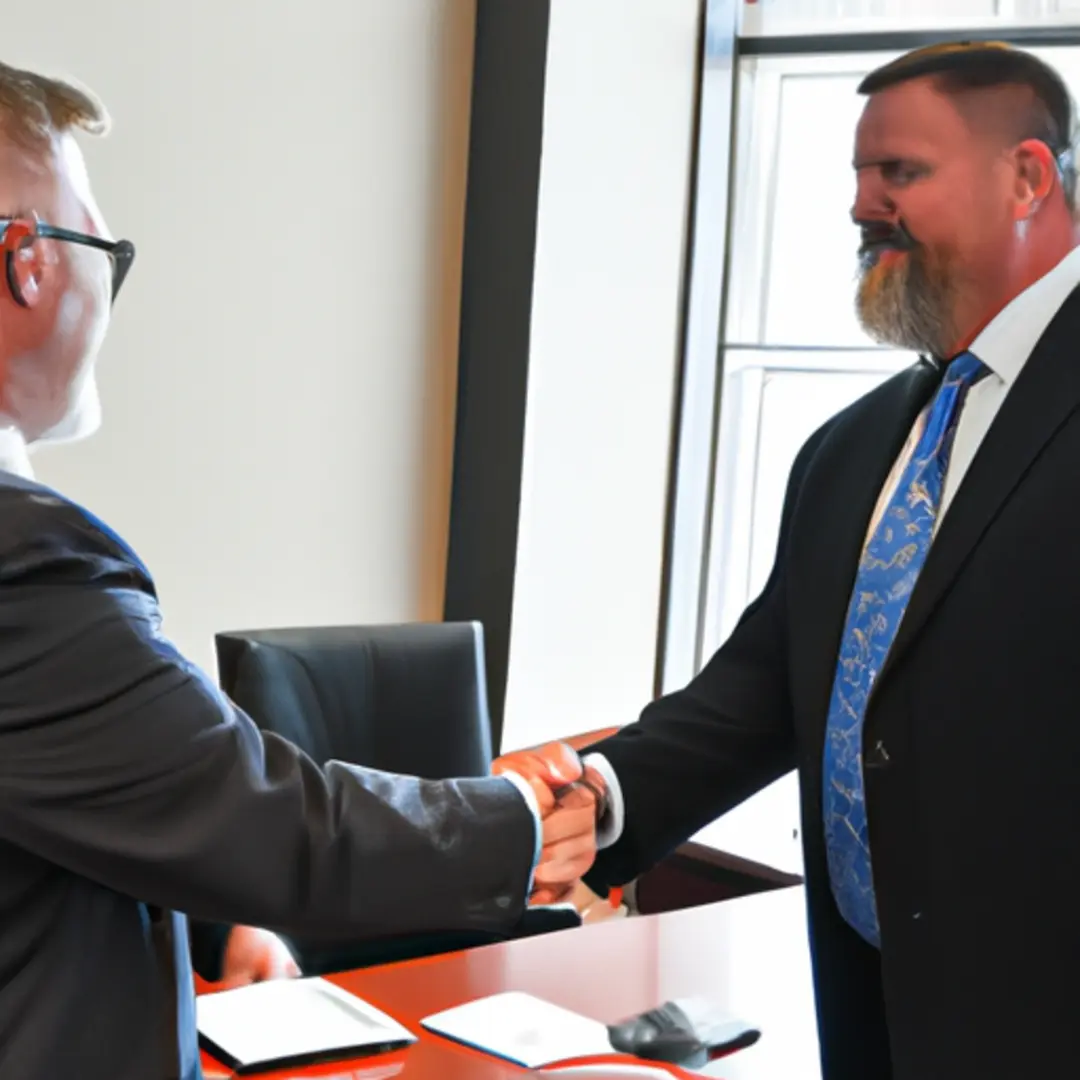 Two business professionals shaking hands over a signed joint venture agreement.