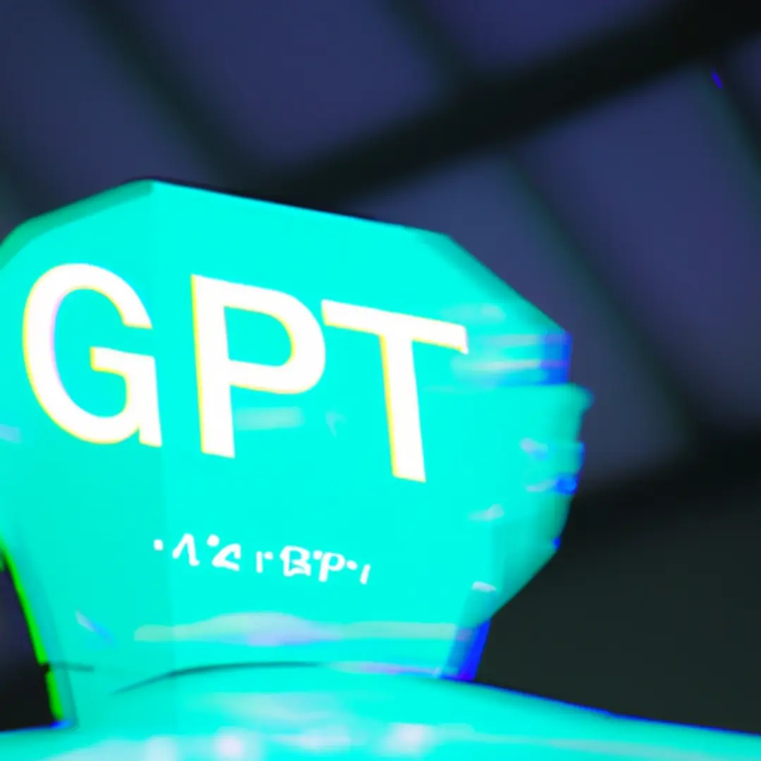 Image of a futuristic AI robot with the text GPT-4 projected on its screen.