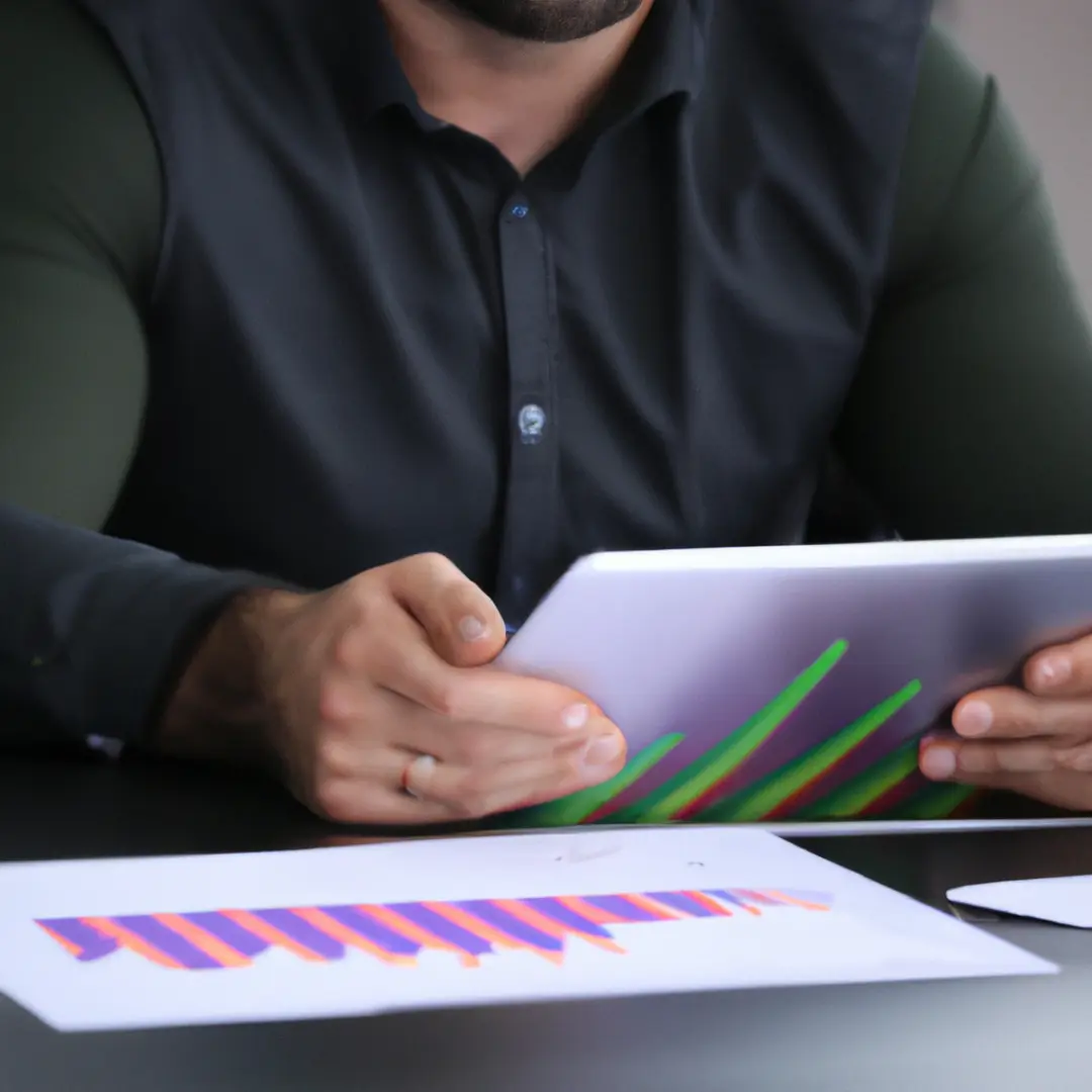 Image of a businessman analyzing financial charts and graphs on a digital tablet.