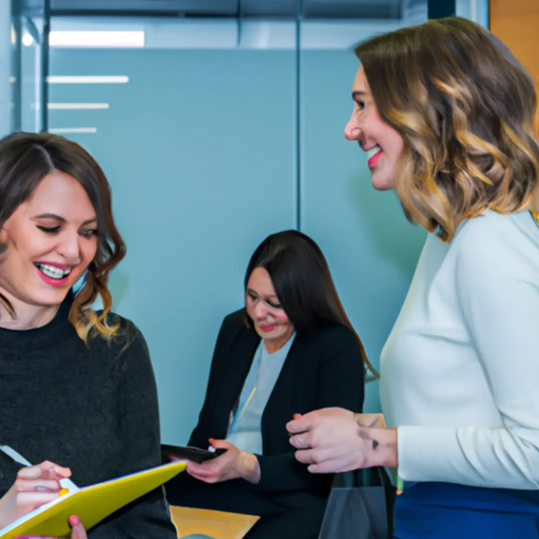 A confident manager engaging in a discussion with her team in a modern office setting.