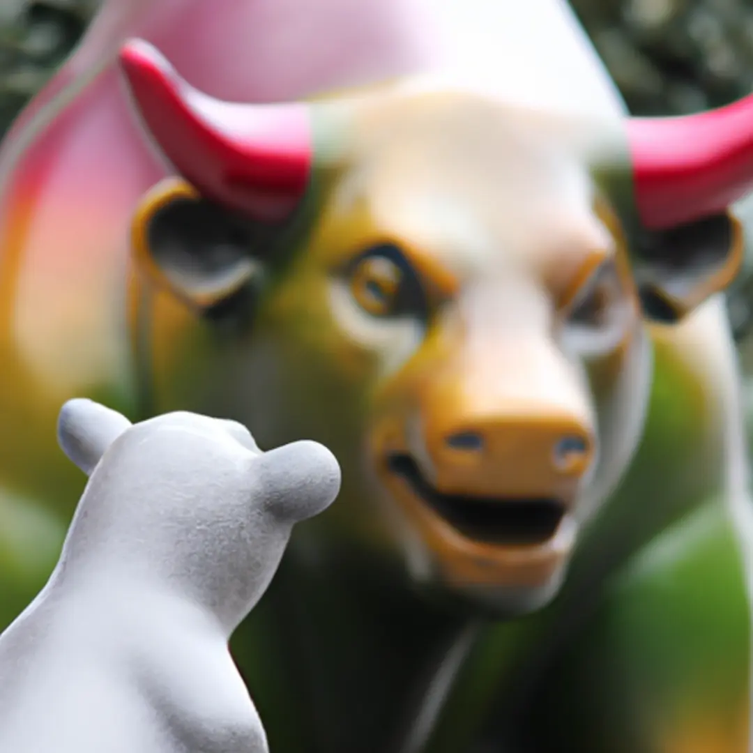 Image of a bull and bear statue representing the stock market with financial graphs in the background.