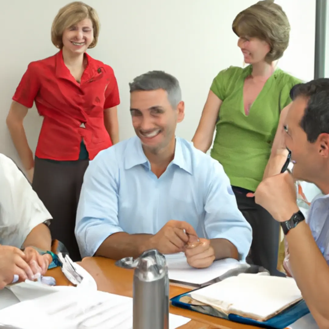 A confident manager engaging in a round-table discussion with a diverse group of team members.