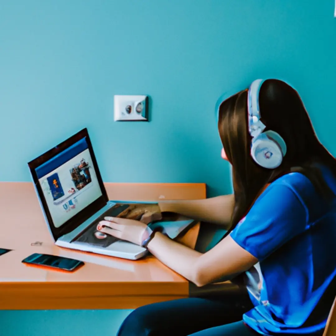 A person using a laptop to design a visually appealing social media post with various graphic elements around.