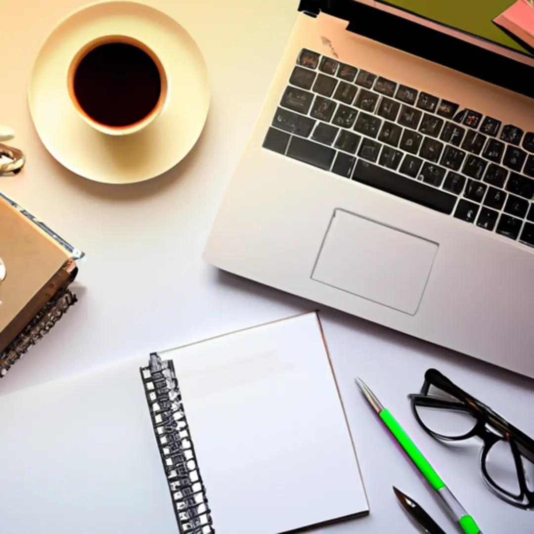 A flat lay image of a laptop, a notepad with handwritten notes, a cup of coffee, and a few books on content writing.