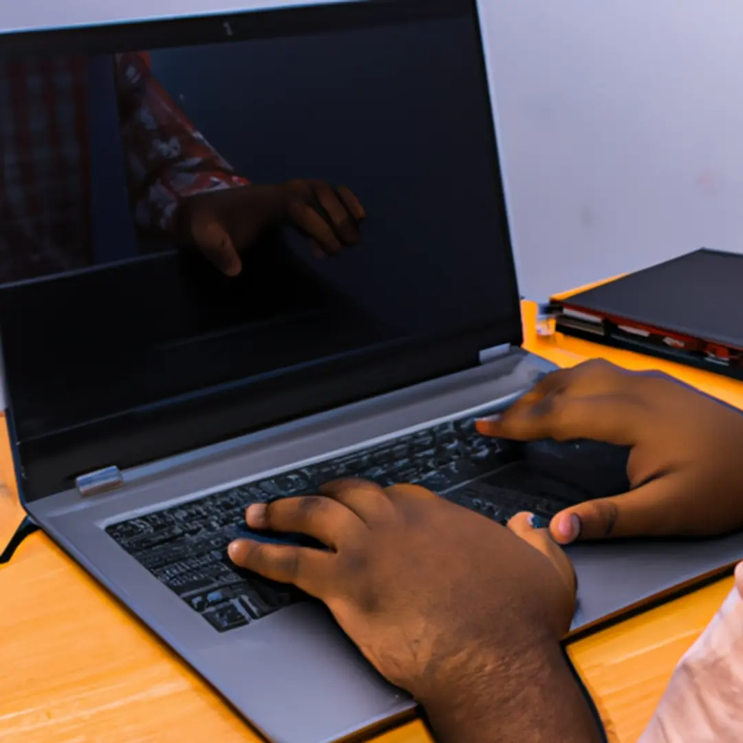 A person using a laptop to design a colorful and engaging social media post.