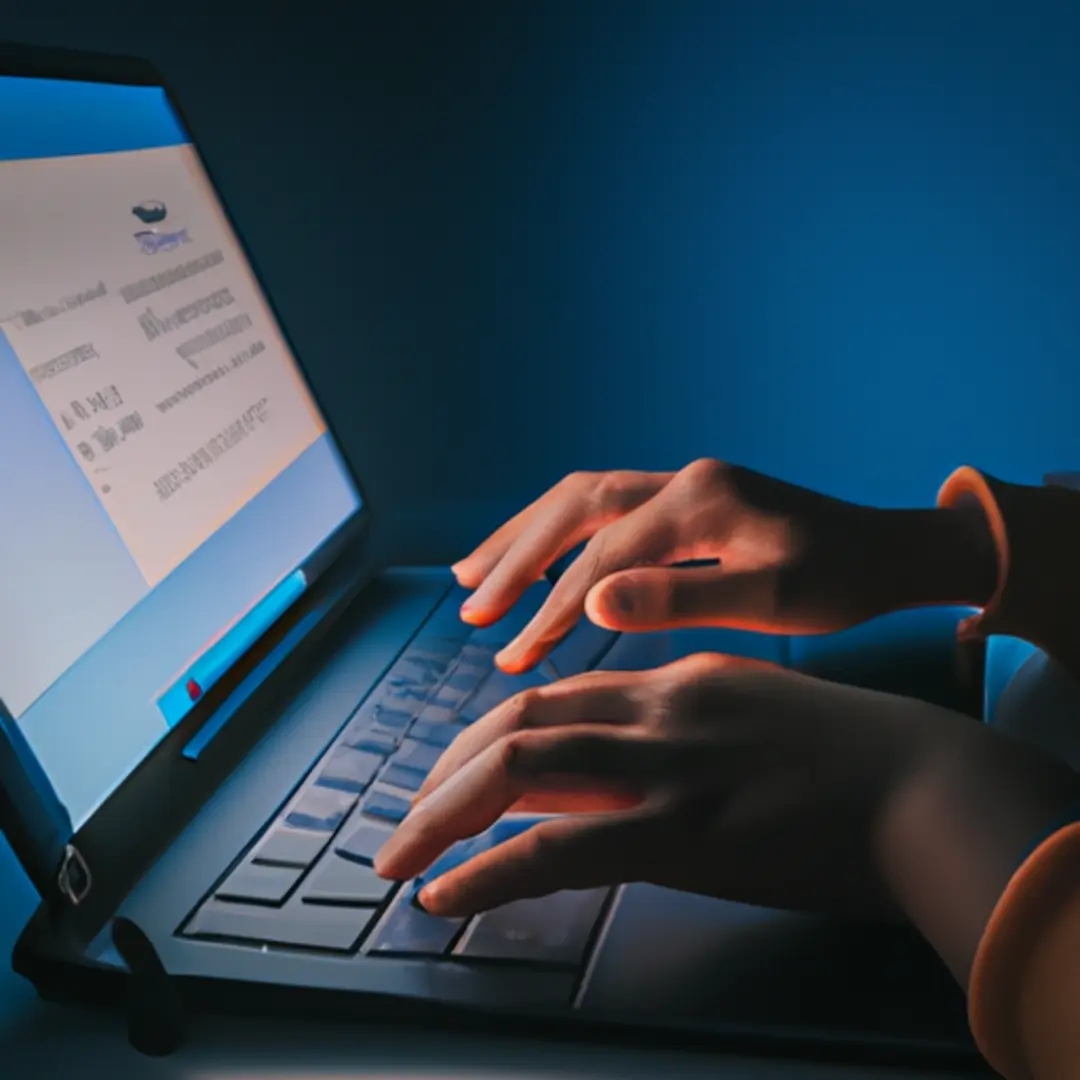 A person typing on a laptop with open social media platforms on the screen.