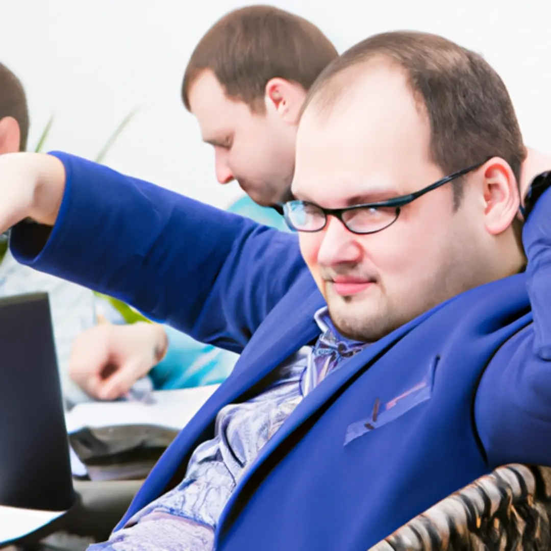 A business leader leaning back in his chair, observing his team working independently.