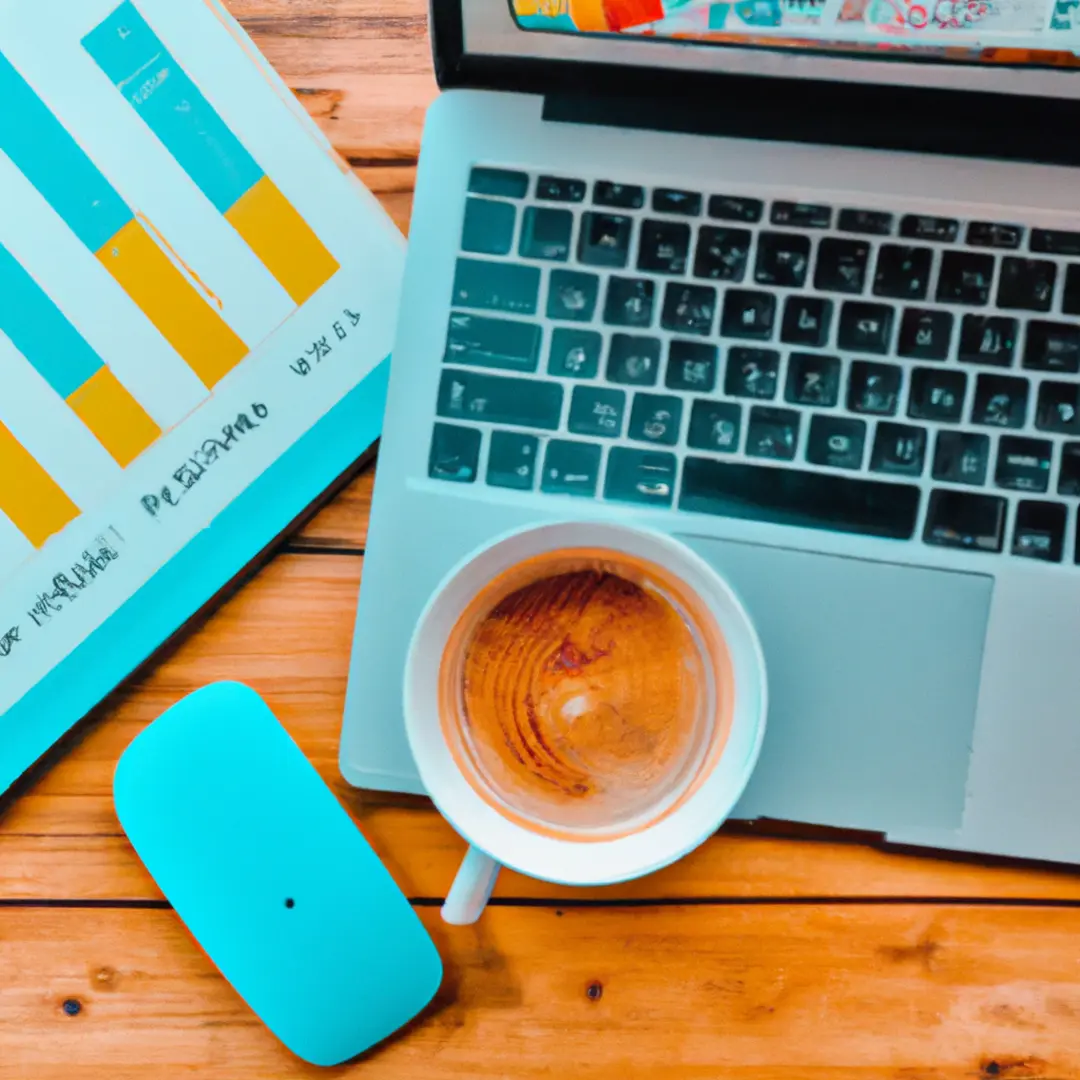 A desk setup with a laptop displaying a KPI dashboard, a notepad, and a cup of coffee.