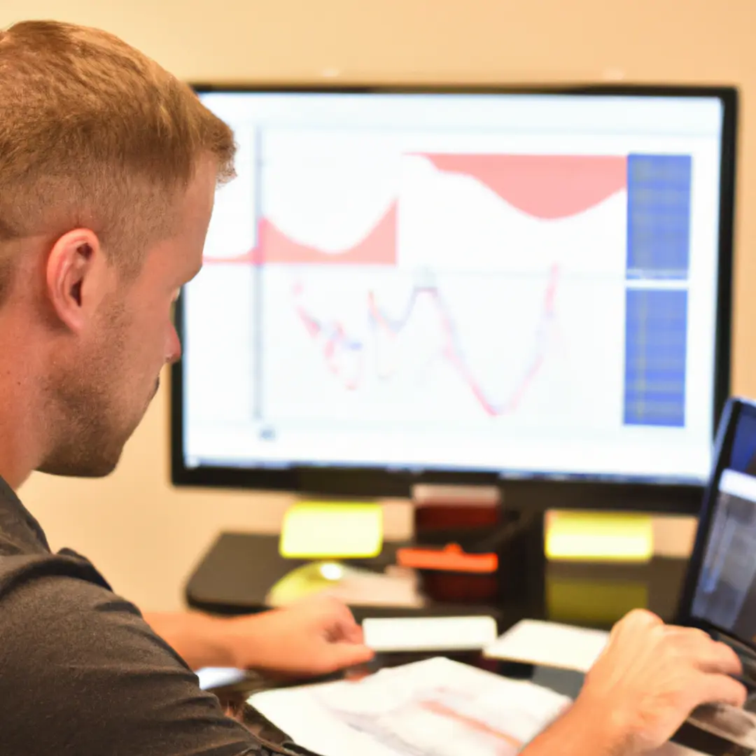 a marketer analyzing graphs and charts on a computer screen.