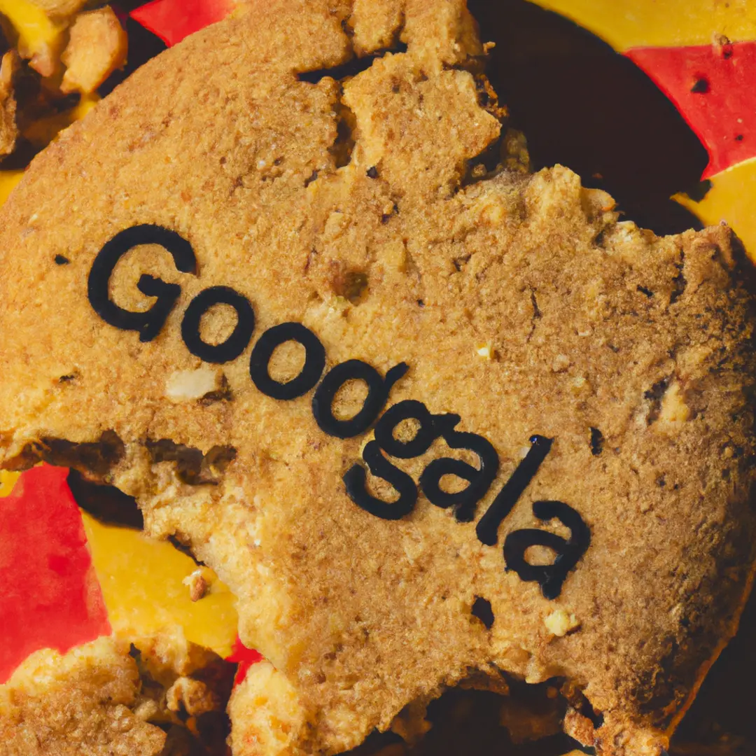 Image of a crumbled cookie with the Google logo on it.