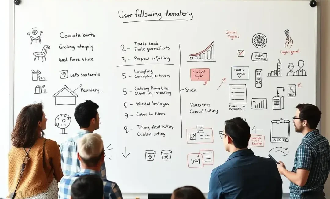 Diverse group brainstorming user acquisition strategies on a whiteboard.