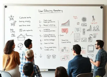 Diverse group brainstorming user acquisition strategies on a whiteboard.