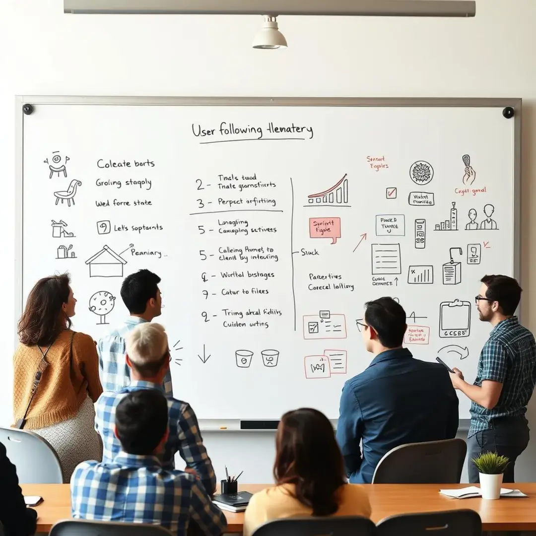 Diverse group brainstorming user acquisition strategies on a whiteboard.