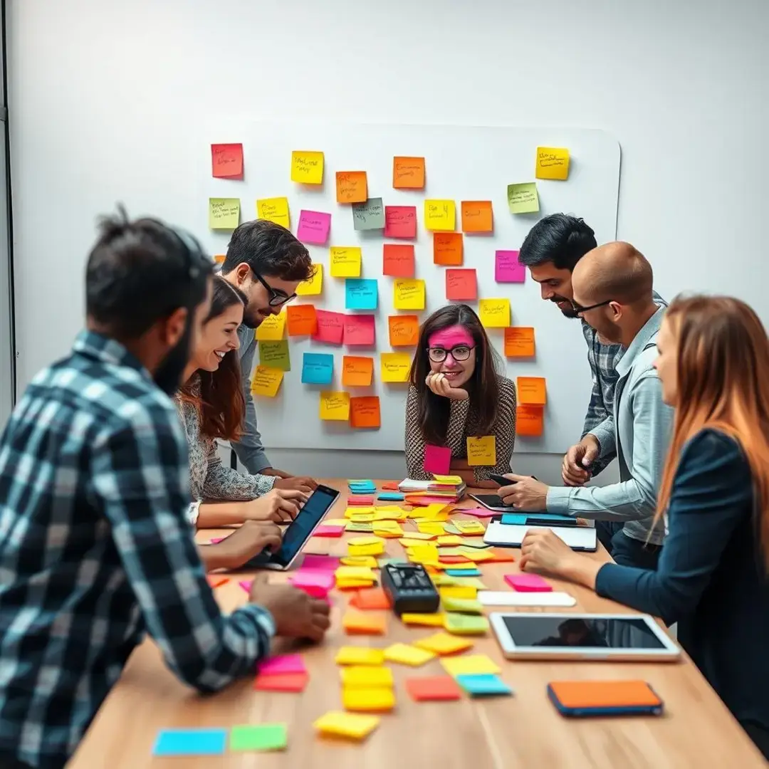 Diverse team brainstorming, colorful post-it notes, digital devices.