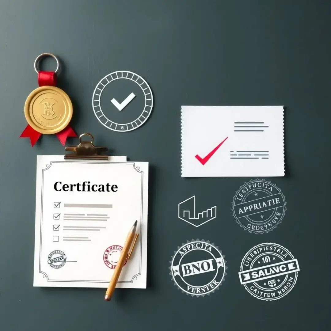 Certificate, checklist, quality seal, team collaboration, approval stamps.