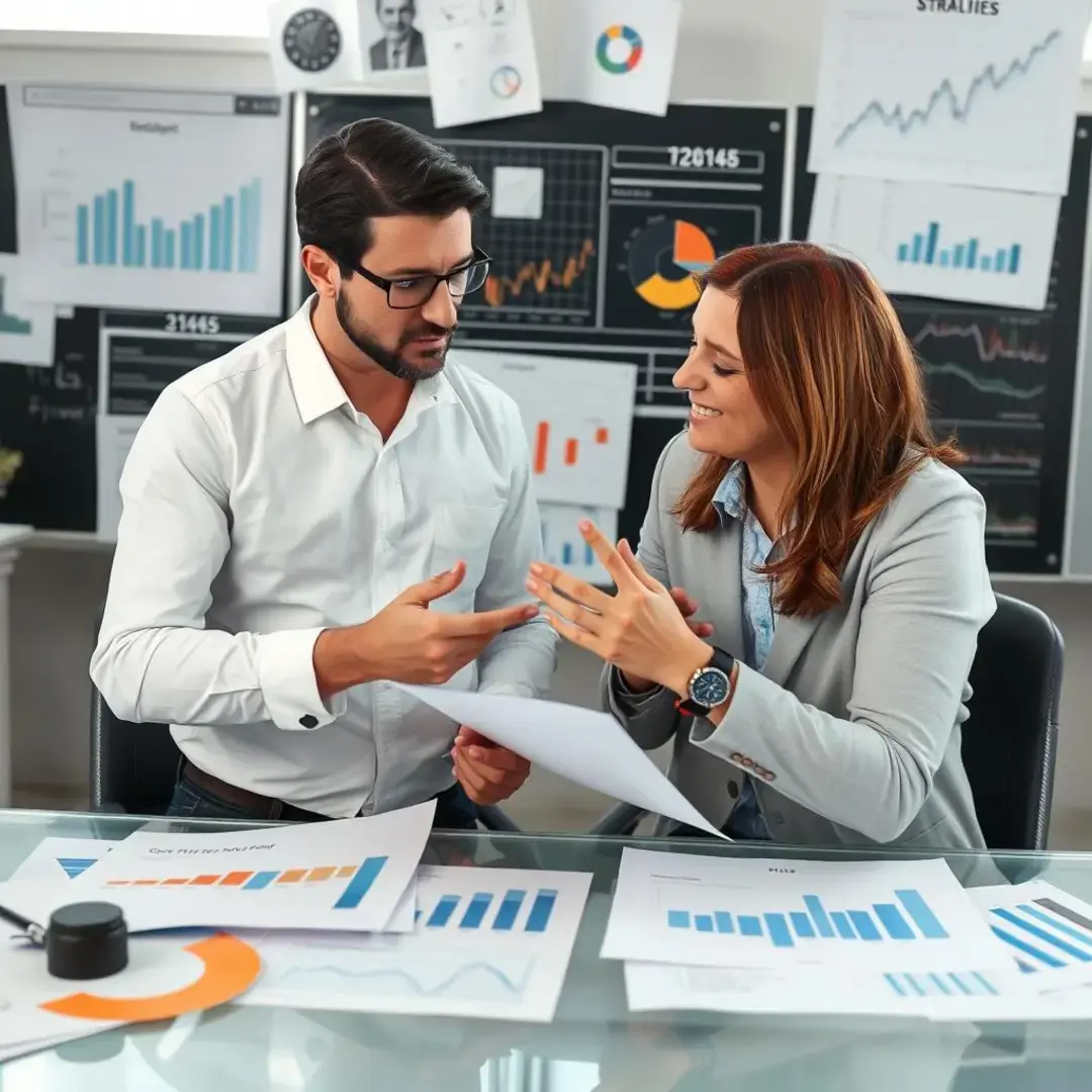 Two entrepreneurs discussing strategies amidst shifting charts and graphs.