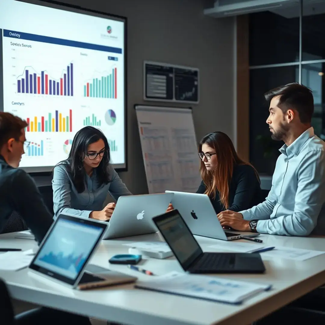 Graphs, charts, data sets, laptops, focused team discussion, strategy.