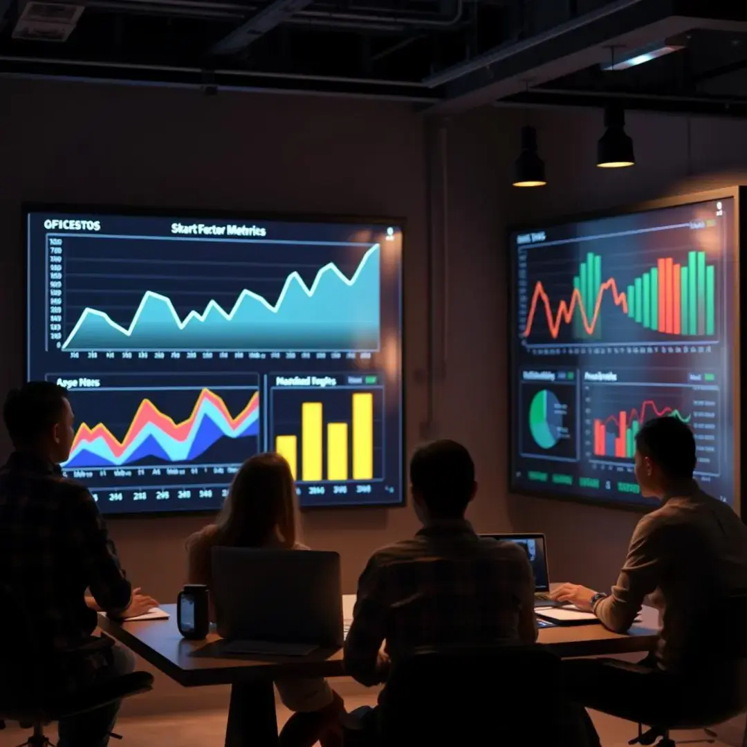 Graphs, charts, startup team discussing financial metrics, efficiency indicators.