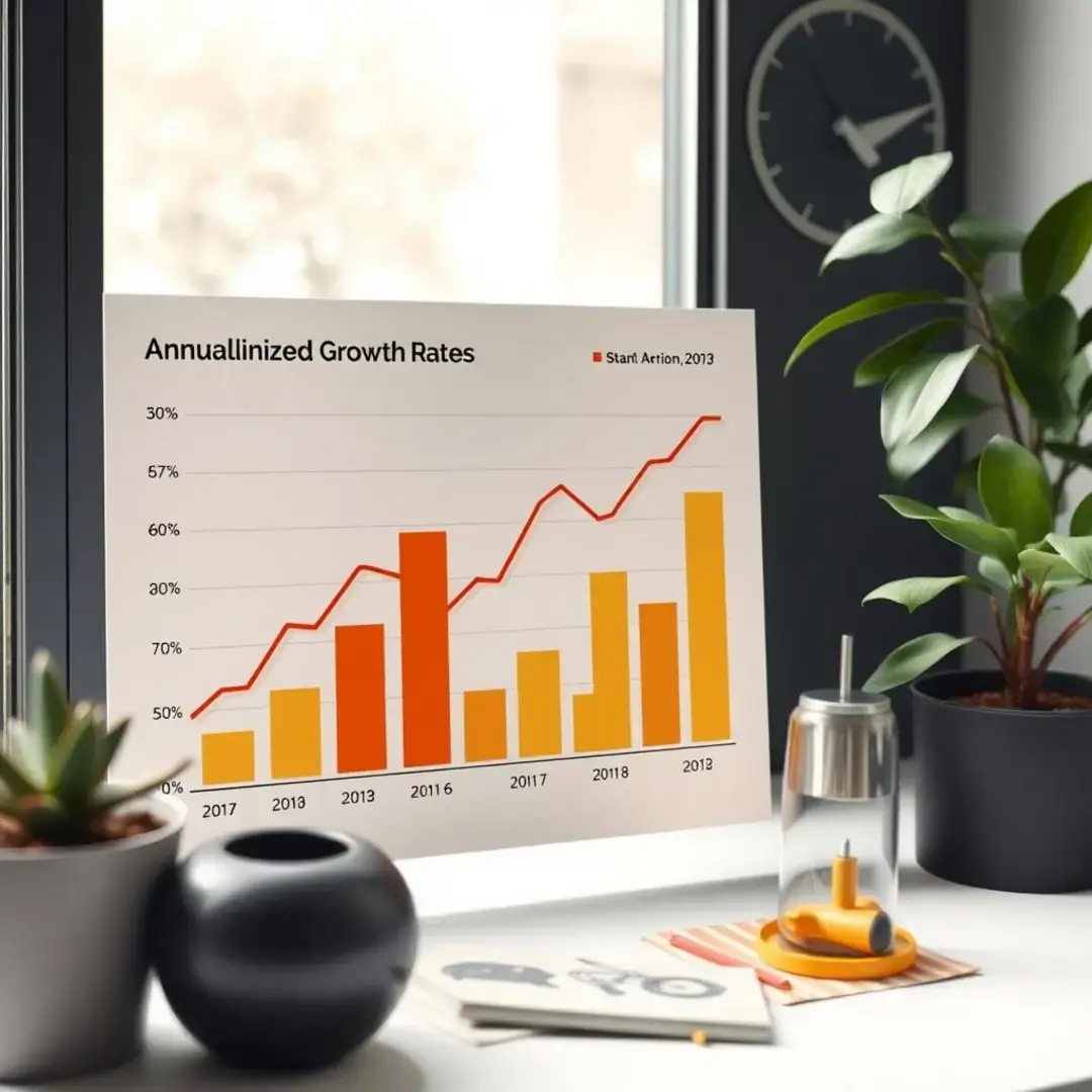 Startup metrics chart showcasing annualized growth rates and projections.