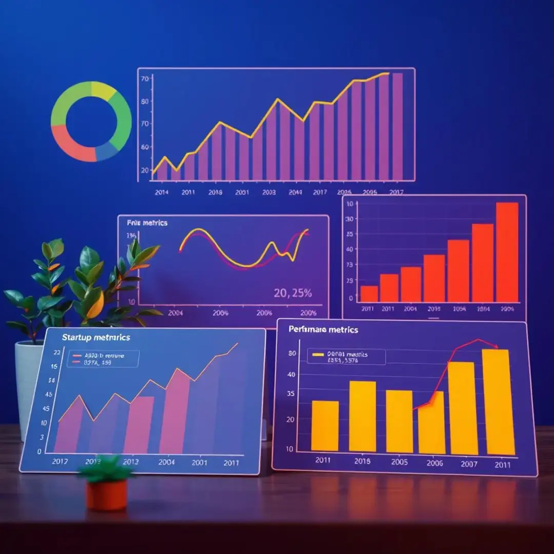 Graphs depicting asset turnover ratios, startup metrics, and performance analysis.